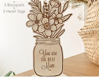 Engraved Floral Mason Jar and Vase SVG, Mothers Day Standing Flower Bouquet Laser File