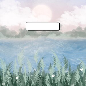 May include: A digital illustration of a blue sky with white clouds and a sun. The sky is above a body of water with green grass and white butterflies.