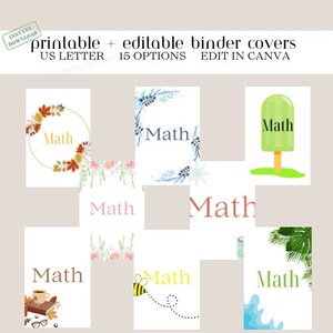 Könnte beinhalten: Druckbare und bearbeitbare Ordnerhüllen für den Mathematikunterricht. Die Hüllen zeigen verschiedene Designs, darunter einen Herbstkranz, eine Biene, ein Eis am Stiel und ein tropisches Blatt. Der Text "Mathe" erscheint auf jeder Hülle.