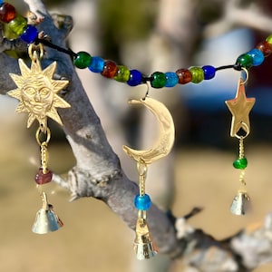 Brass Star, Moon, Sun Chime w/Chakra Beads/Friendship Chime