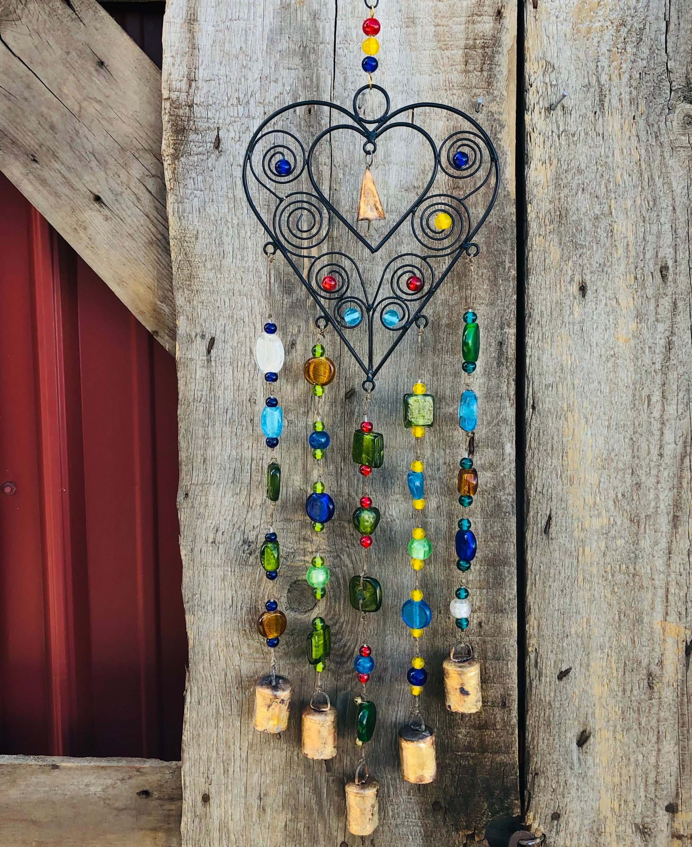 Glass Beaded Double Heart Chime Etsy