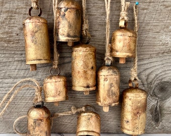 Nine Old World Rustic Bells with Jute, Three Sizes Cow Bells, Vintage Style, Hand Made, Tin Bells, Wreath Bells, Home Decor Bells