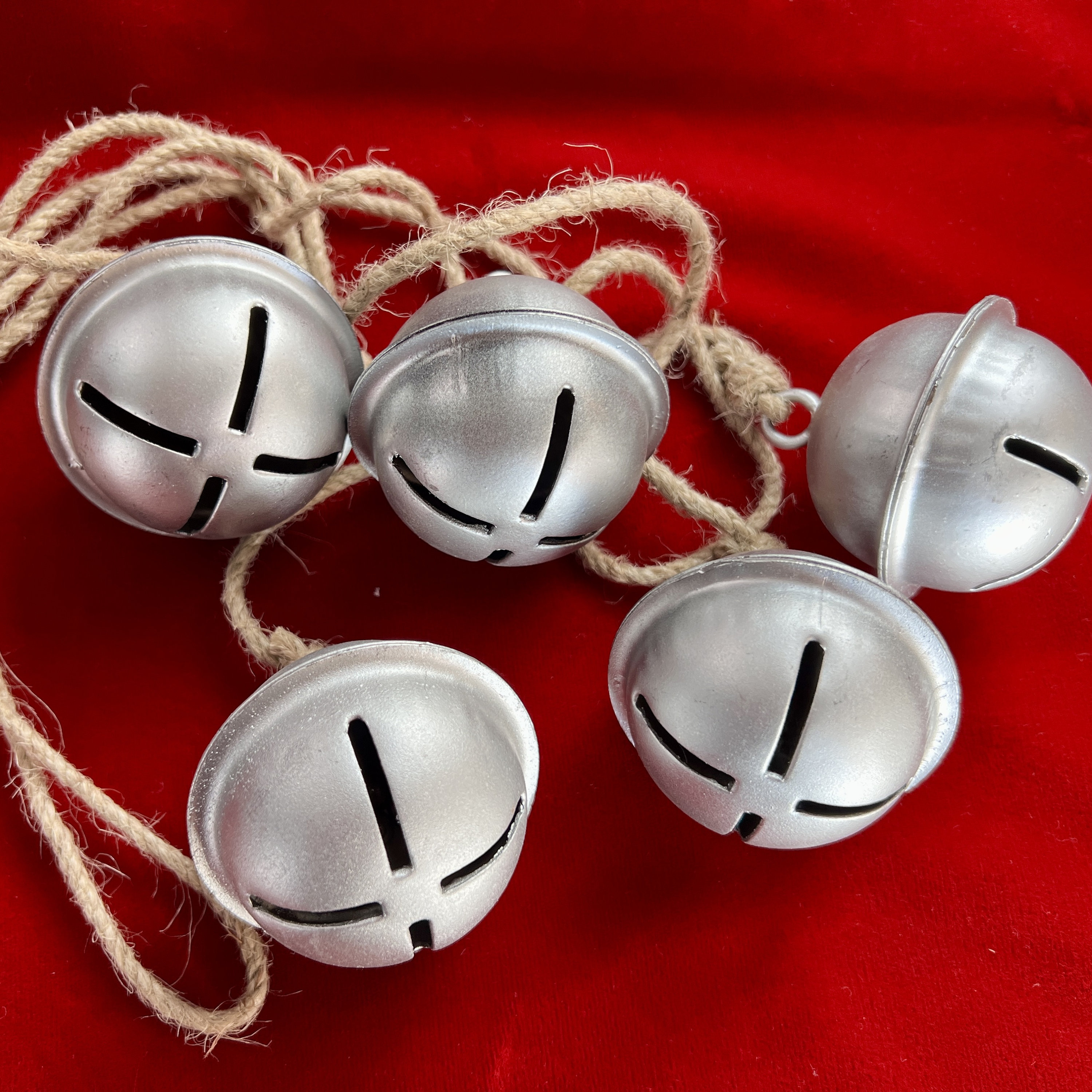 Five Silver Rattle Bells on Jute, String of Silver Bells, Decoration Bells