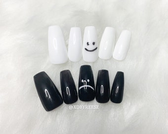 pics Black And White Smiley Face Nails Coffin happy nails etsy