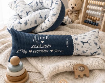 Geburtskissen mit Gewicht und Länge - Babygeschenk - personalisiertes Kissen - Babykissen mit echtmaße, Geschenk Geburt, W24, S2, Wal