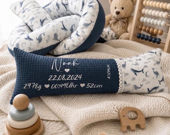 Geburtskissen mit Gewicht und Länge - Babygeschenk - personalisiertes Kissen - Babykissen mit echtmaße, Geschenk Geburt, W24, S2, Wal