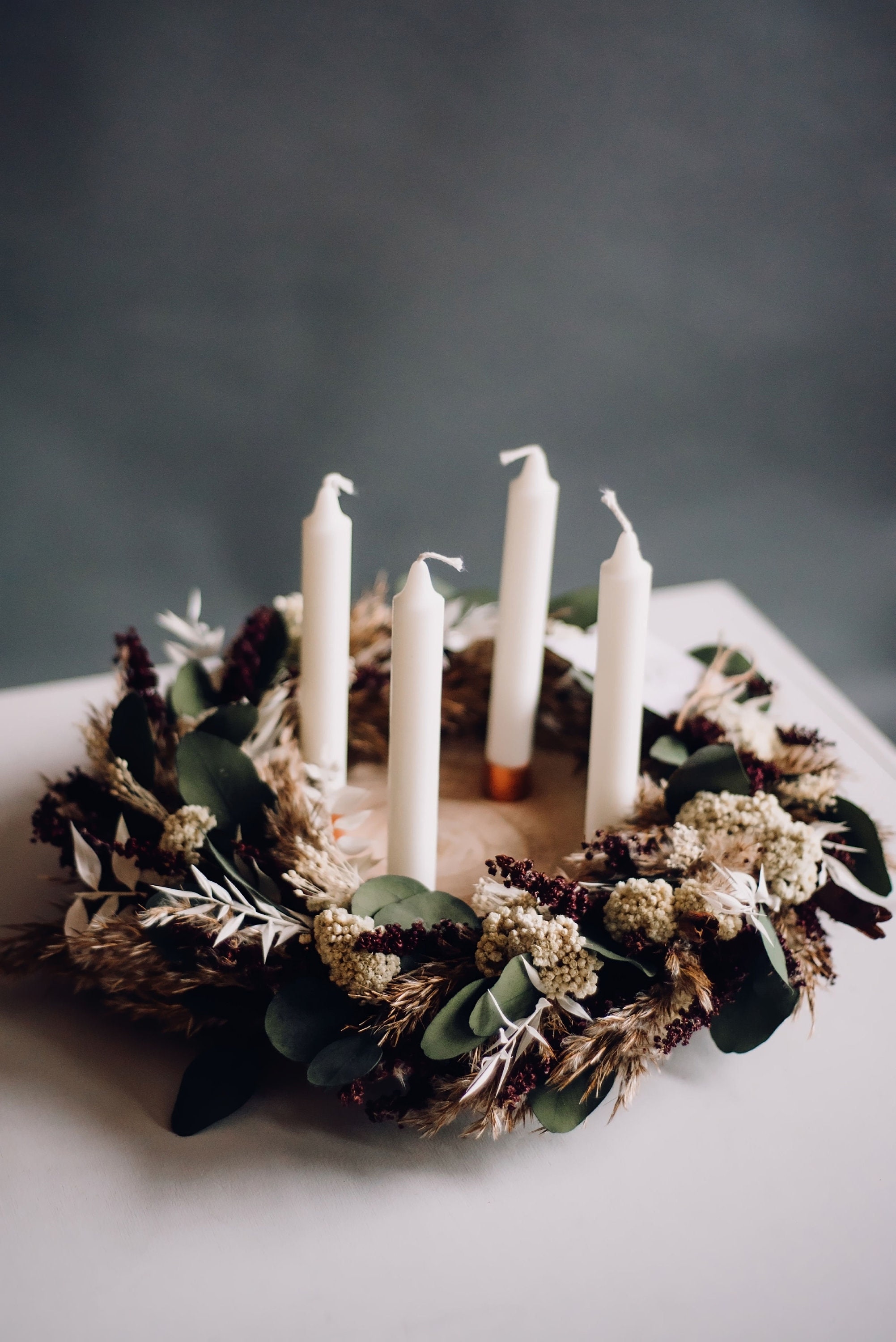 Rustic wreath with candle holder and 4 white candles Table Etsy