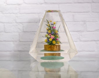 Vtg Dried Floral Sculpture | 1970s Paperweight | Geometric Lucite Floral Tree | Forever Plant