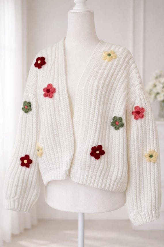 Crochet Flower Cardigan Puffy Flower Applique Knit Style Crochet