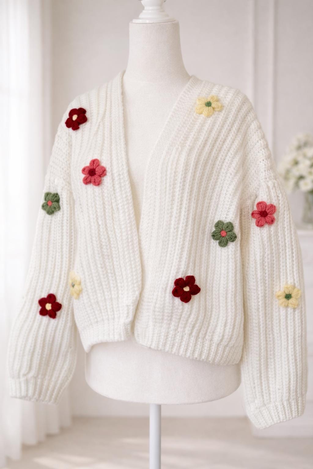 Crochet Flower Cardigan Puffy Flower Applique Knit Style Crochet