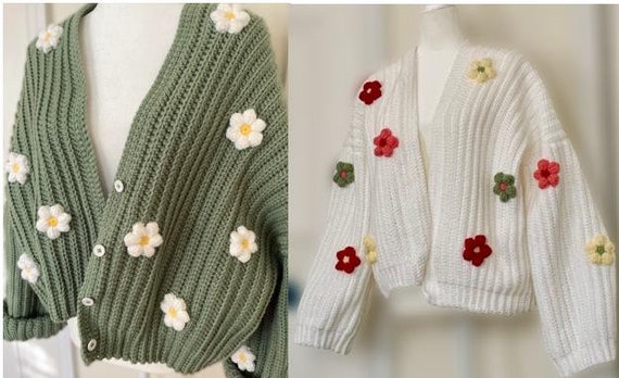 Crochet Flower Cardigan Puffy Flower Applique Knit Style