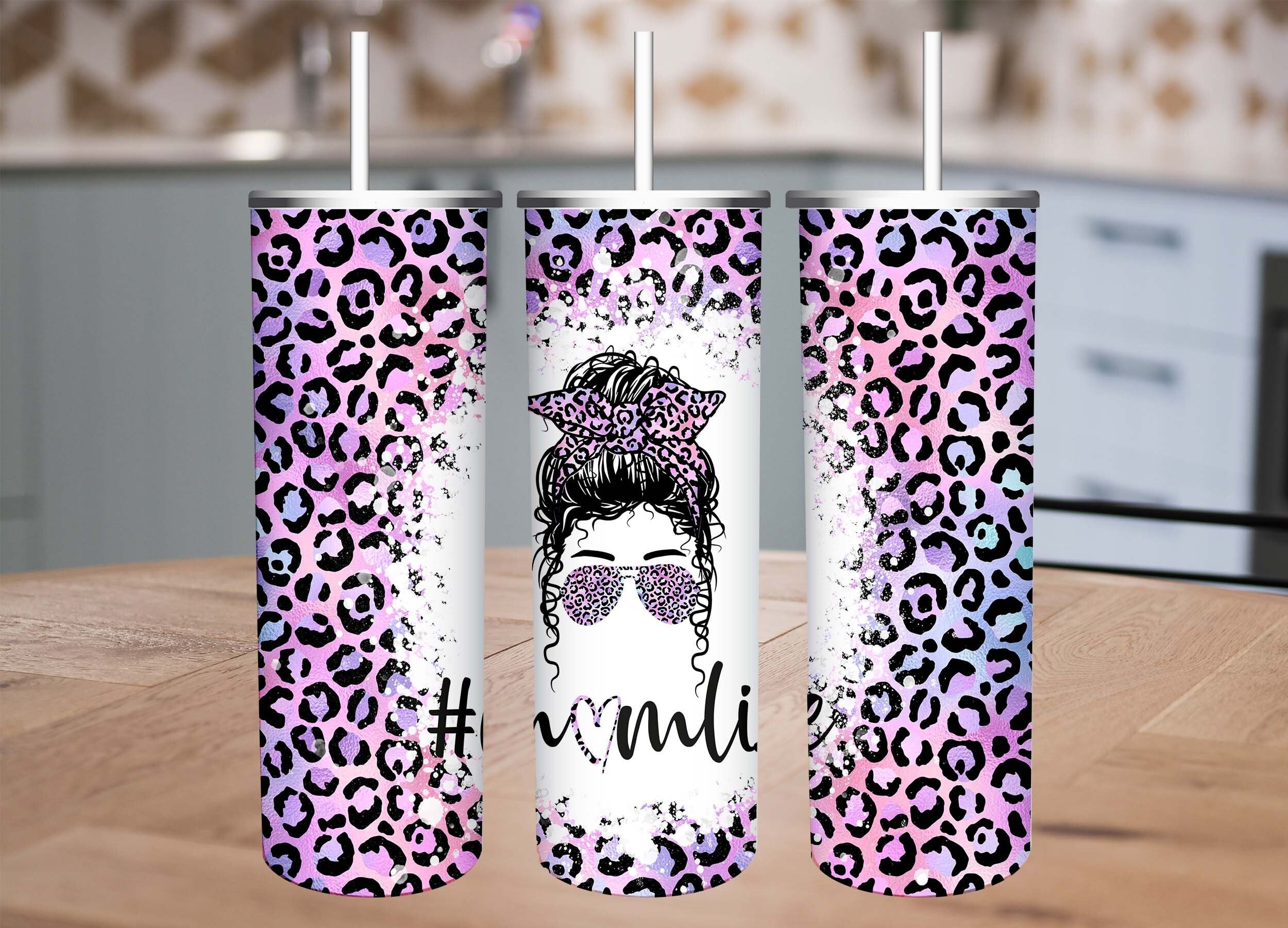 20oz Tumbler Wrap Mom Life PNG, Pink Purple Leopard Print Messy Bun ...