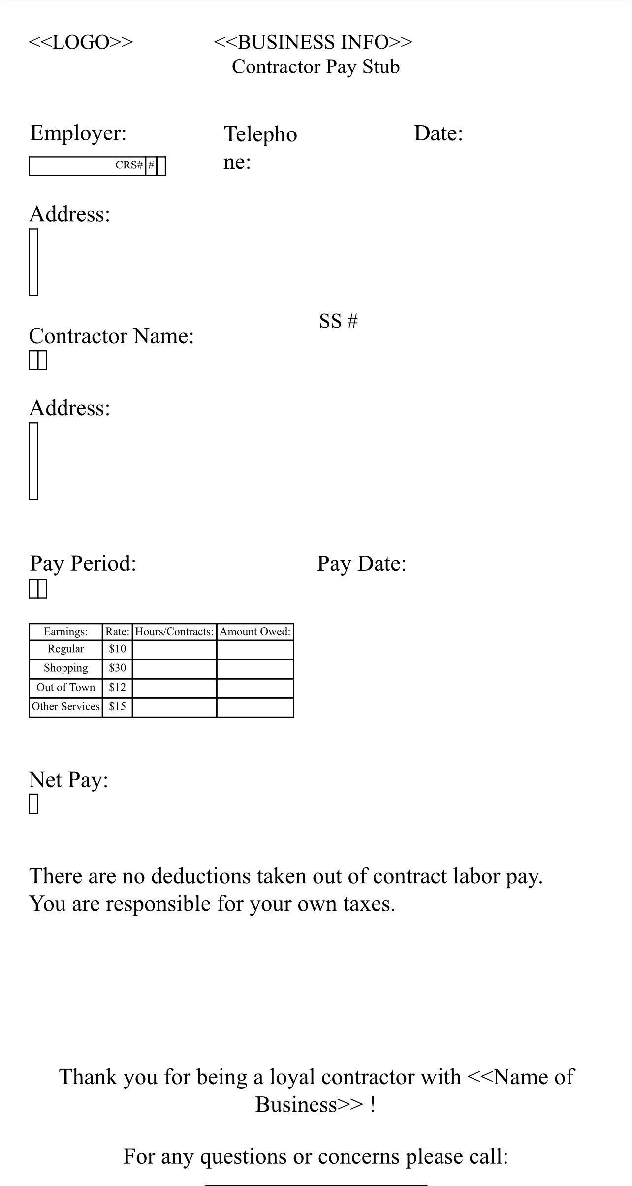Check Paystub Contract Workers Etsy