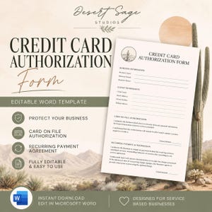 May include: A credit card authorisation form template with the text "Credit Card Authorisation Form" in a desert-themed design. The form is editable in Microsoft Word and designed for service-based businesses.