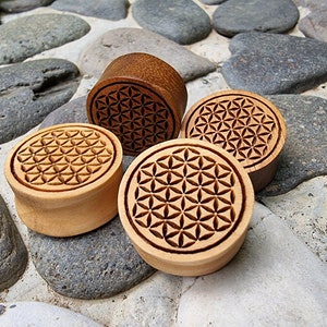 HUGE DISCOUNT Flower of Life 10x 20x 50x 100x WHOLESALE Wood Plugs Double Flare Price/Pair(2pcs) Sacred Geometry Gauges  Lightweight