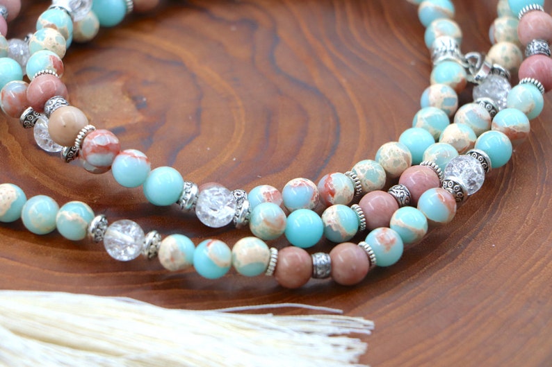 Blue Snakeskin Agate /& Rhodonite Mala with Buddha Head Kundalini Activation and Heart Chakra Energy