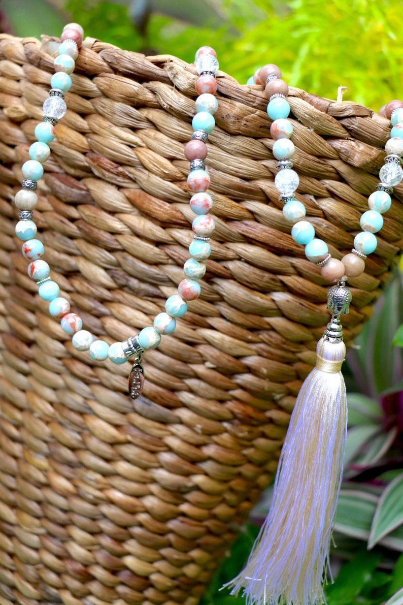 Blue Snakeskin Agate /& Rhodonite Mala with Buddha Head Kundalini Activation and Heart Chakra Energy