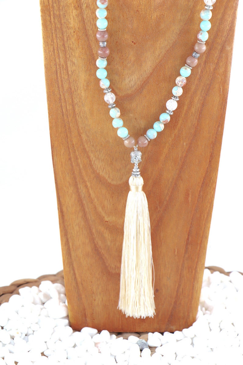Blue Snakeskin Agate /& Rhodonite Mala with Buddha Head Kundalini Activation and Heart Chakra Energy