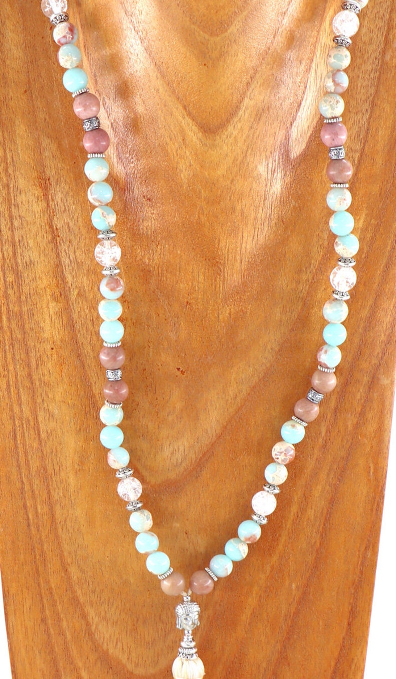 Blue Snakeskin Agate /& Rhodonite Mala with Buddha Head Kundalini Activation and Heart Chakra Energy