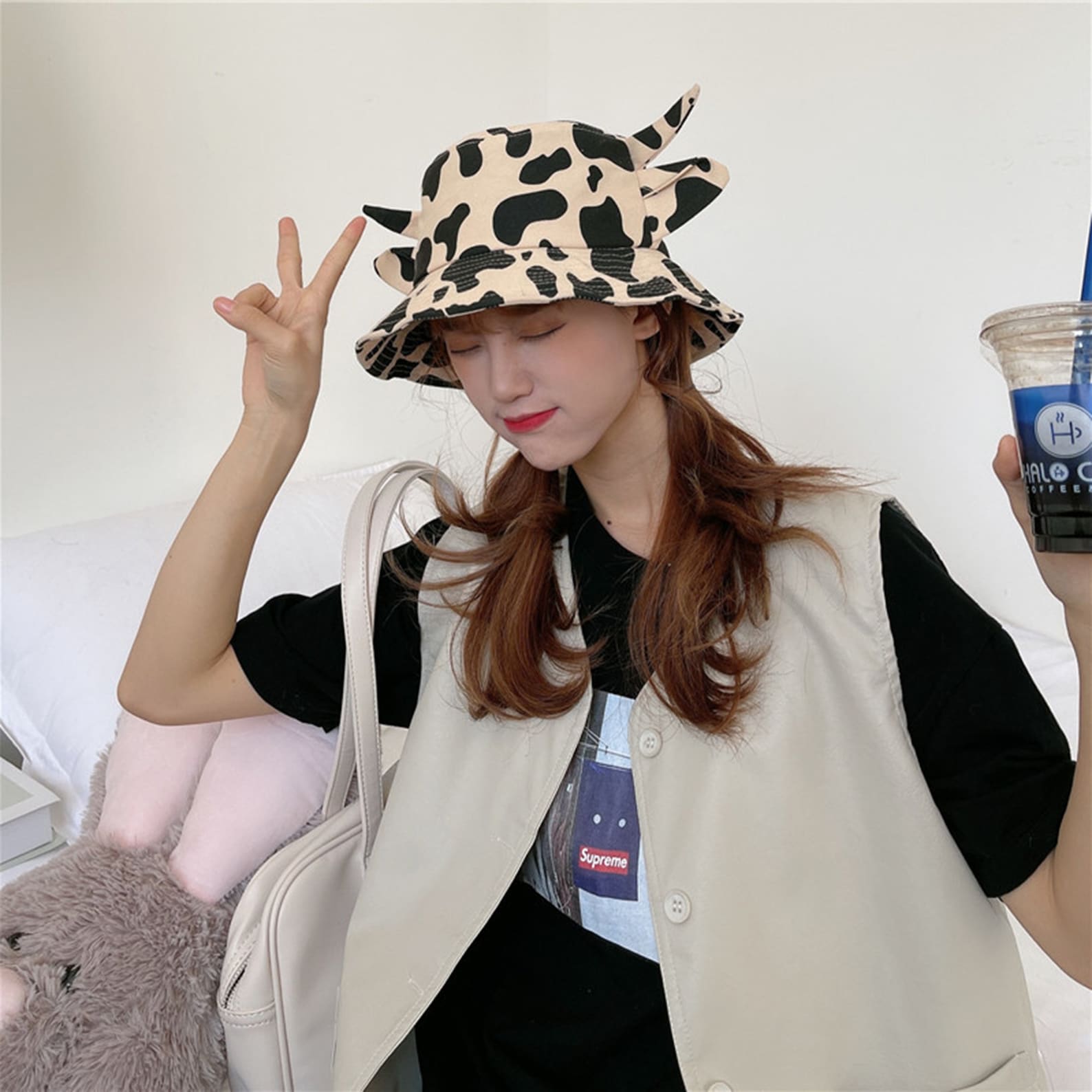 Cow Print Bucket Hat Cute Hat Horn Bucket Hat Summer Hat Etsy