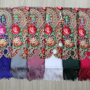 Ukrainian Shawl, Blue Slavic Babushka Floral Scarf, Ethnic Folk Shawl, Modern Chic Boho, Chale with Classic Timeless Floral Design
