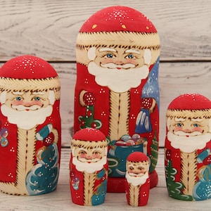 Ukrainian Santa Doll Hand Painted Nesting Doll 5 pieces, Ukrainian Santa 5.9'' or 15 cm, Wooden Toy, Home Decor, Kids Gift, Kids Room Decor