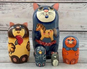 Muñeca ucraniana de familia de gatos de 15 cm (5,9 pulgadas), 5 piezas, regalo para mamá, regalo para niños, juguetes de animales, decoración de habitación infantil, juguete de madera.