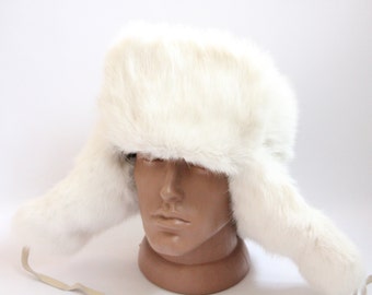 MADE in UKRAINE Winter White Rabbit Fur Hat, Natural Ushanka Hat, Ukrainian Winter Fur Hat, Rabbit Ushanka, Top Quality!!!