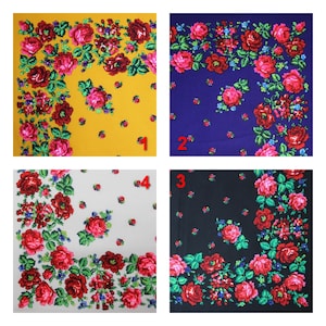 Ukrainian Shawl, Blue Slavic Babushka Floral Scarf, Ethnic Folk Shawl, Modern Chic Boho, Chale with Classic Timeless Floral Design