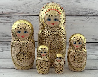 Ukrainian Hand Painted Nesting Doll 5 pieces, Wood Burning Doll 7.08&#39;&#39; or 18 cm, Wooden Toy, Home Decor, Kids Gift, Kids Room Decor