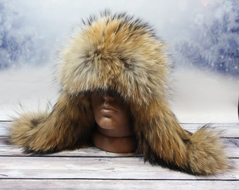 Winter Raccoon Fur Hat, Natural Fur Hat with Genuine Leather Top, Ukrainian Winter Fur Hat, Raccoon Fur, Top Quality!!!
