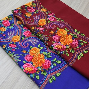 Ukrainian Shawl, Blue Slavic Babushka Floral Scarf, Ethnic Folk Shawl, Modern Chic Boho, Chale with Classic Timeless Floral Design
