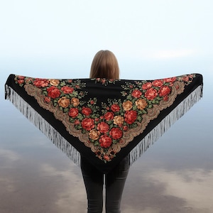 Ukrainian Shawl, Blue Slavic Babushka Floral Scarf, Ethnic Folk Shawl, Modern Chic Boho, Chale with Classic Timeless Floral Design
