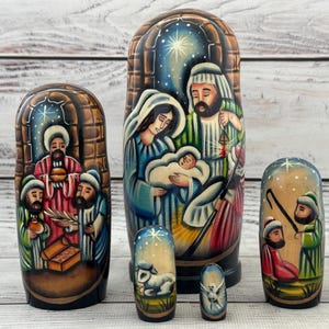 Ukrainian Nativity Doll, Hand Painted Nesting Doll 5 pieces, Nativity Stories 6.69&#39;&#39; or 17 cm, Wooden Toy, Christmas Stories, Home Decor