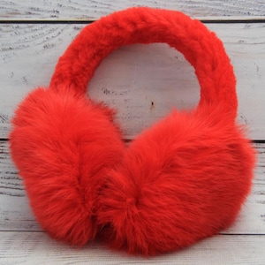 MADE in UKRAINE Winter Rabbit Fur Earmuffs, Rabbit Fur Red Color, Handcrafted, Gift for Her, Warm Rabbit Earmuffs, Winter Earmuffs