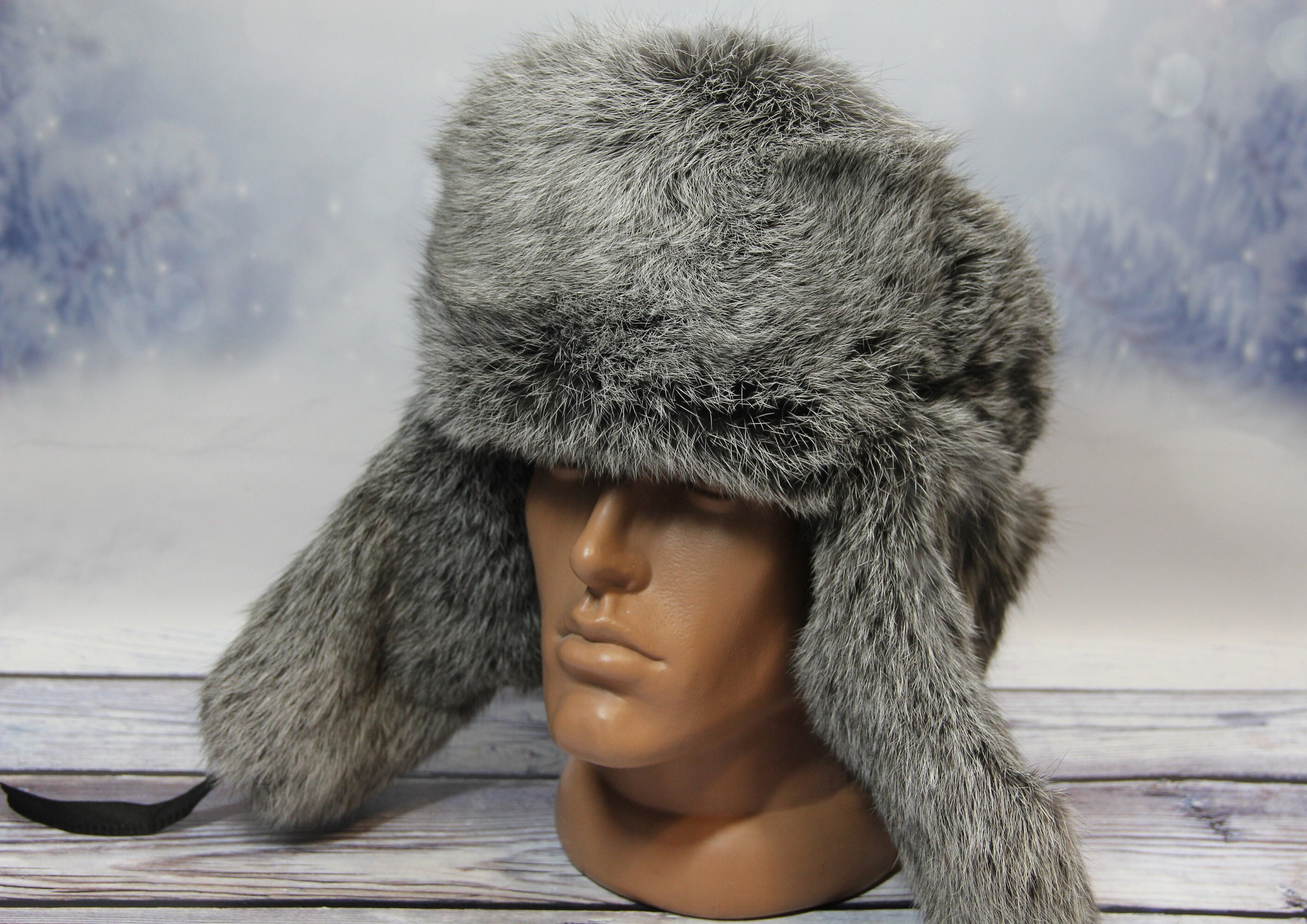 ほぼ未使用☆UNUSED RABBIT FUR HAT UH0365 size1 Grey Rabbit Fur Russian Ushanka Hat for Men: FurHatWorld.com