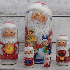 Ukrainian Santa Doll Hand Painted Nesting Doll 5 pieces, Ukrainian Santa 7.08'' or 18 cm, Wooden Toy, Home Decor, Kids Gift, Kids Room Decor
