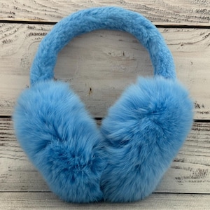 MADE in UKRAINE Winter Rabbit Fur Earmuffs, Rabbit Fur Blue Color, Handcrafted, Gift for Her, Warm Rabbit Earmuffs, Winter Earmuffs