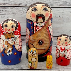 Ukrainian Family Hand Painted Nesting Doll 5 pieces, Ukrainian Doll 6.69'' or 17 cm Wooden Toy Home Decor Kids Gift Kids Room Decor