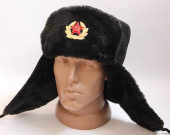 Sombrero de piel sintética de invierno vintage hecho en Ucrania, sombrero Ushanka de diseño del ejército soviético, sombrero de invierno de soldado soviético, color negro