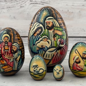Ukrainian Nativity Nesting Doll, Egg Shape 5 pieces 12 cm or 4.72&#39;&#39;, Wooden Christmas Nesting Egg, Hand Painted Christmas gift, Nativity set