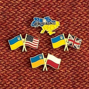 May include: Four small pins with crossed flags. The flags are the Ukrainian flag, the American flag, the British flag, and the Polish flag. The pins are on a red fabric background. The text "UKRAINE" is on a yellow outline of the country of Ukraine.
