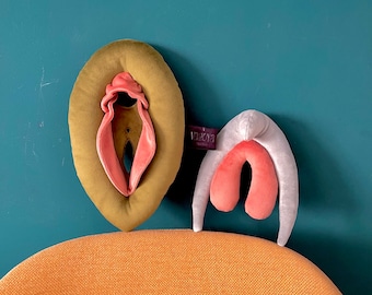 Vulva and clitoris puppets, Sex education tool, Vulva 2.0 with detachable clitoris, colorful pillows, sex coaching gadget