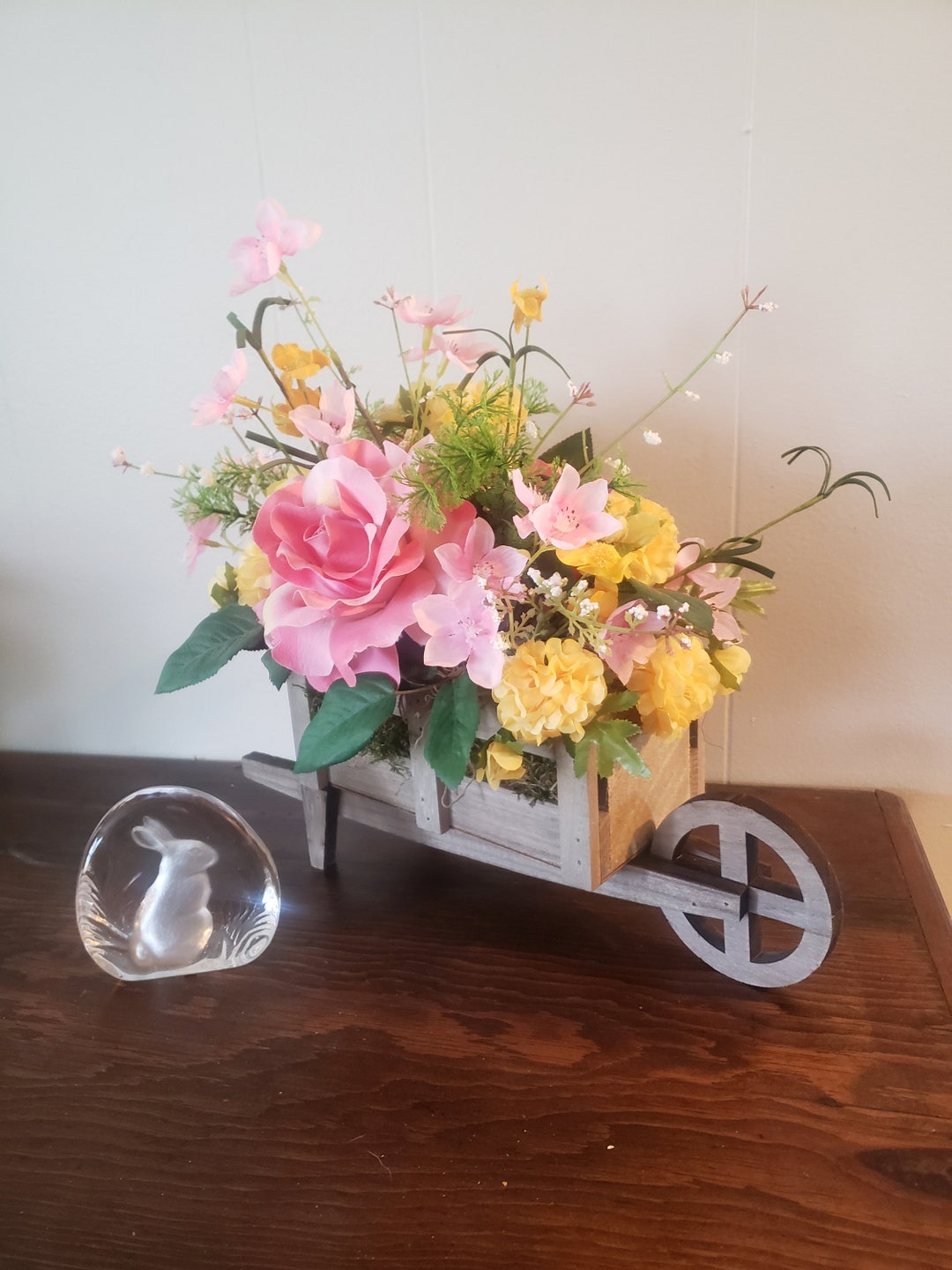 Pinks and Yellow Silk Flowers in Wooden Wagon Etsy