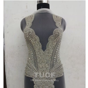 Super Sparkle Silver Clear Rhinestone beaded on Bodice Front Applique: Bridal dress, Partydress, Promdress, Dance dress #100410 Silver