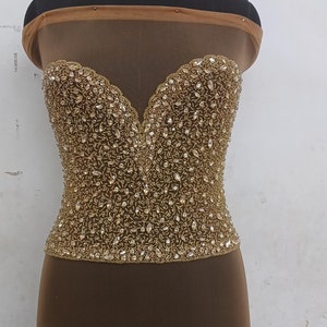 Super Sparkle gold Rhinestone beaded on Bodice Front Applique: Bridal dress, Partydress, Promdress, Dance dress #100414 gold
