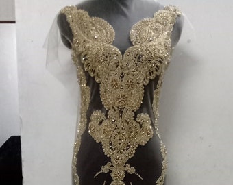 Gold Rhinestone Bodice Applique: Hand Sewn Bridal Dress Panel