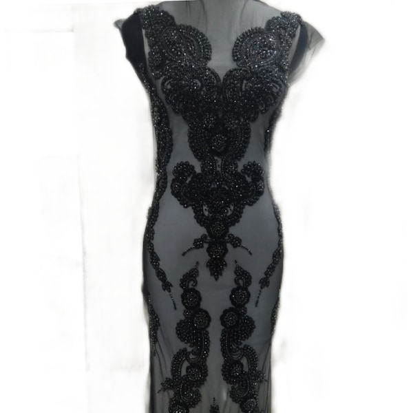 Black Sparkle Rhinestone, Beads Hand Sewn on Full Length Bodice Front Applique: Bridal Applique Set,Promdress Applique Set #100202 Black