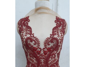 Red Rhinestone Beaded Bodice Applique: Bridal, Prom, Dance Dress