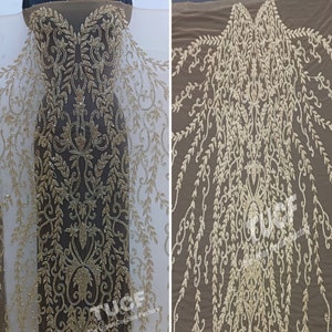 Gold Sparkling Hand Beaded Haute couture Fabric/Panel Fabric with Gold Rhinestones, Gold Beads, for Bridaldress/Promdress/Partydress/ 100605